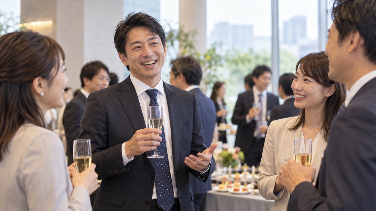 立食の懇親会で、話を振られて笑顔で答える男性会社員
