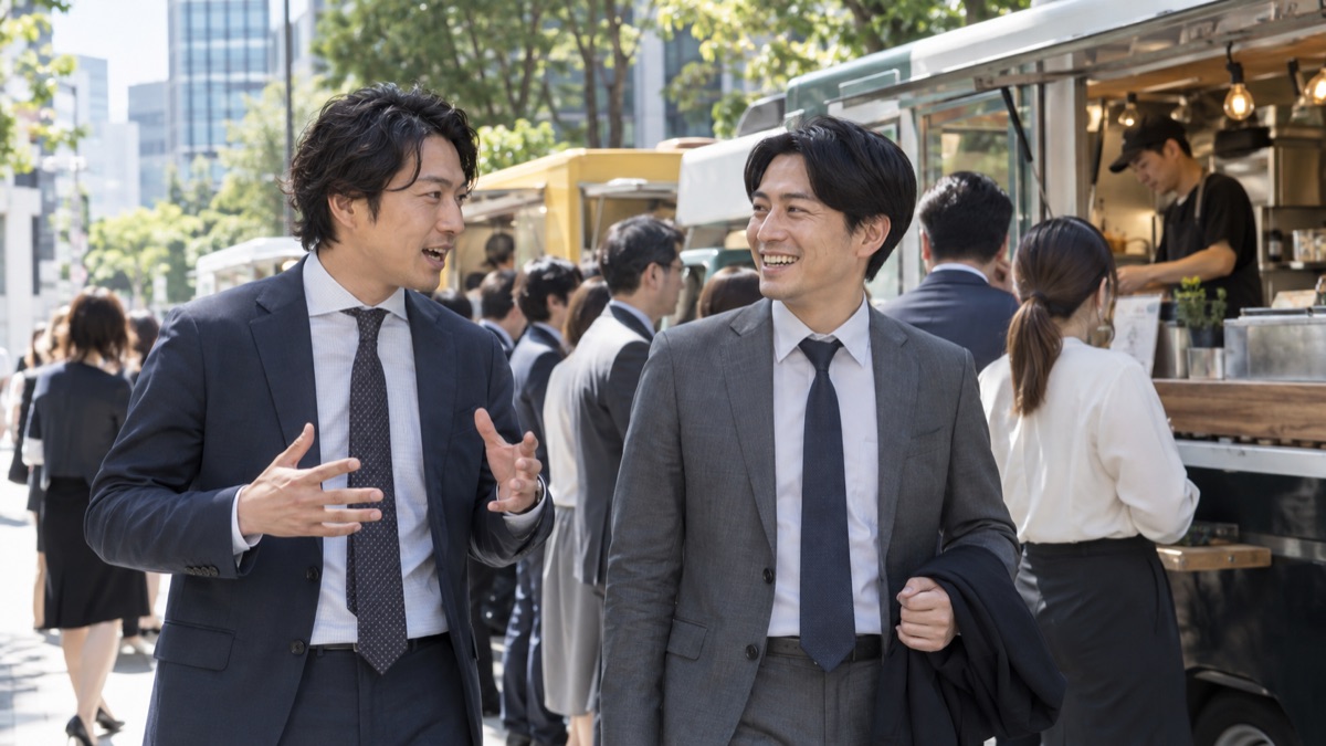 昼休みのキッチンカーの列で、同僚に身ぶりを交えて話す男性会社員