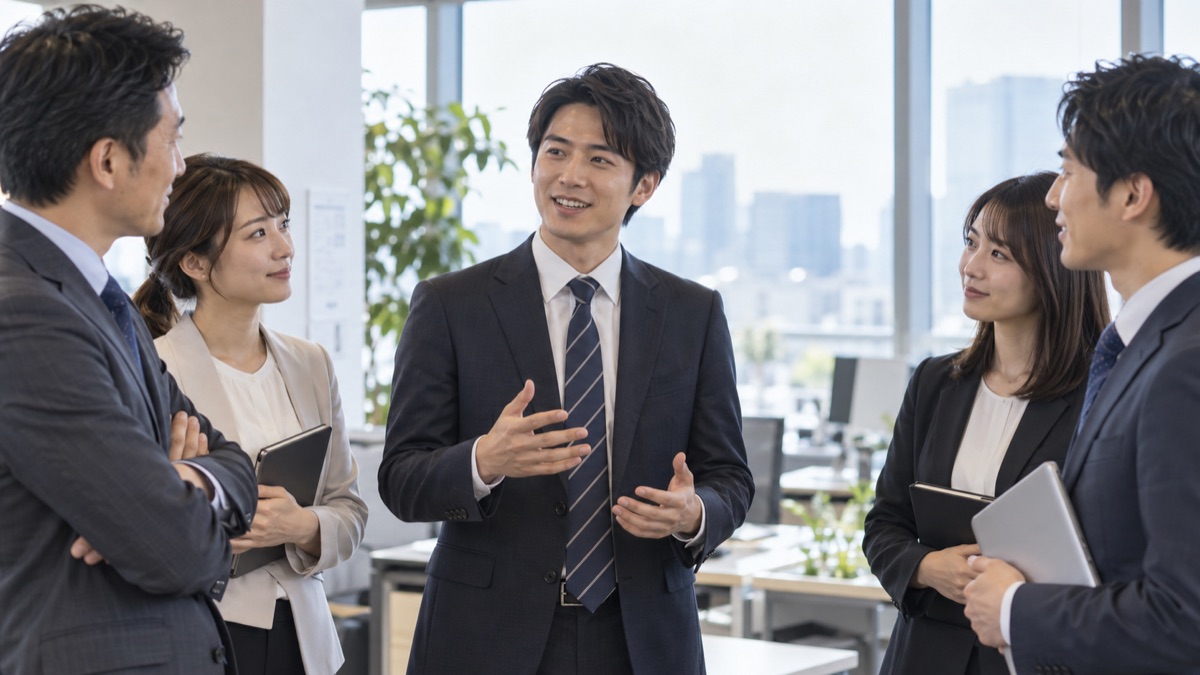 朝の立ち会議で、急に意見を求められて笑顔で答える男性会社員