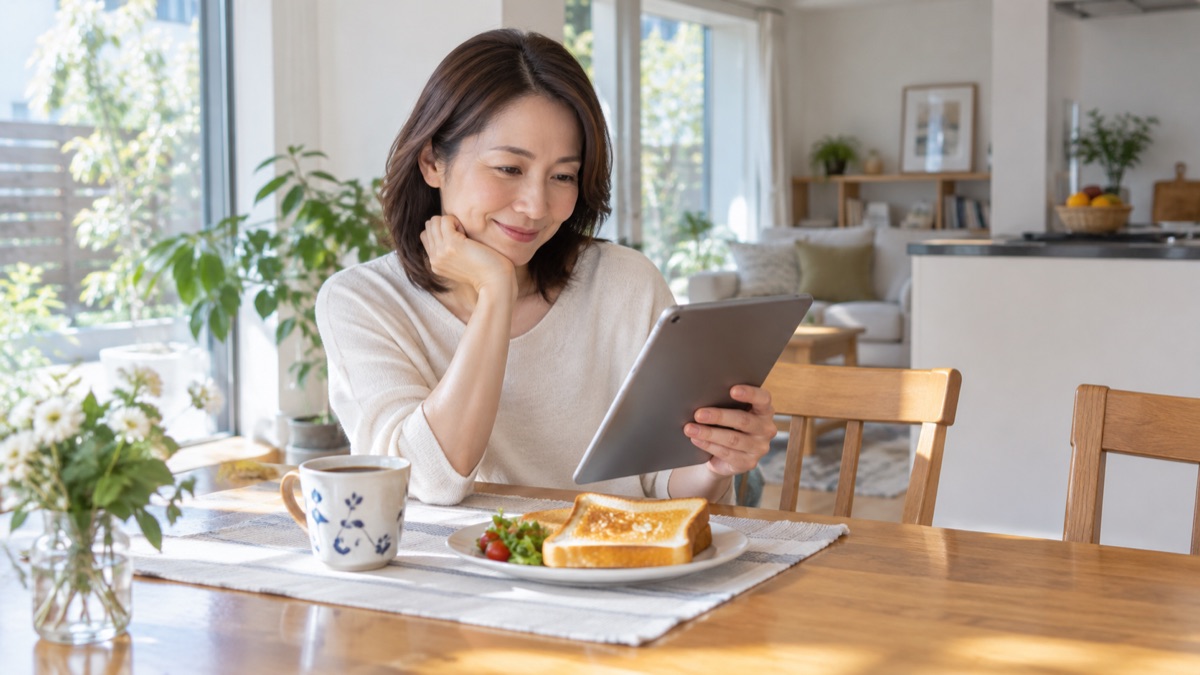 休日の朝、自宅のダイニングでタブレットの電子雑誌を読む女性