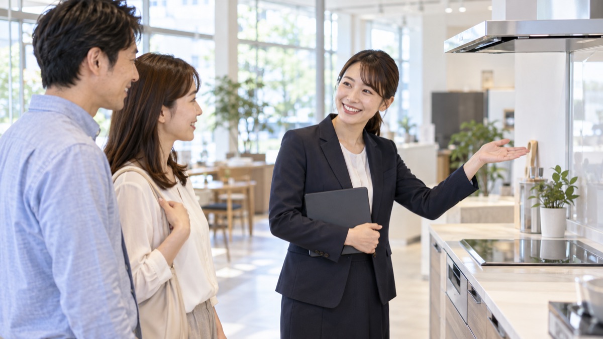 ショールームで、来店客に笑顔で短く説明する女性社員