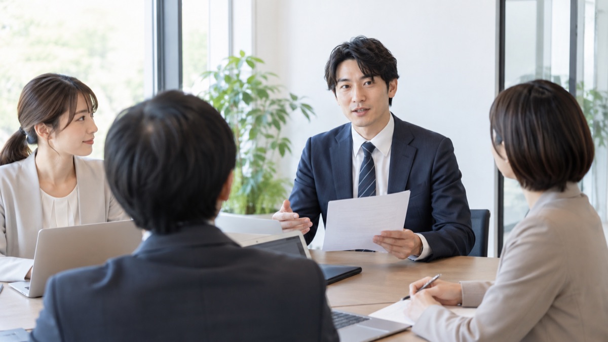 会議室で、同僚に向かって短く報告する男性会社員