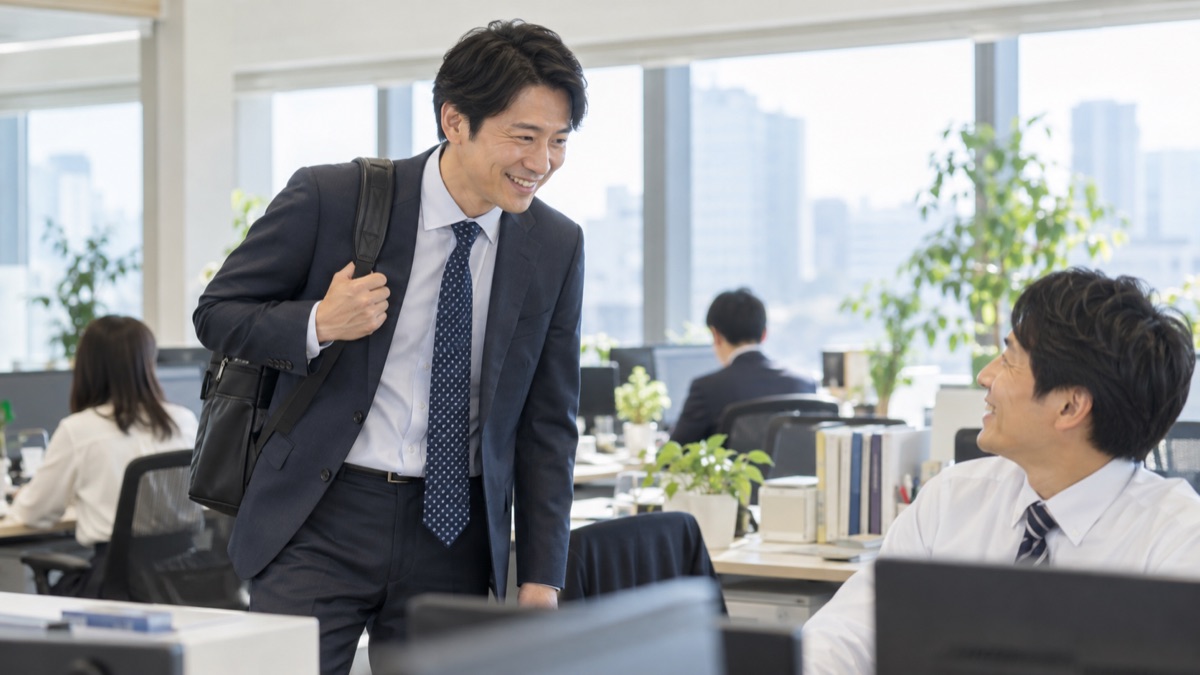 朝のオフィスで、隣の席の同僚に笑顔で声をかける男性会社員