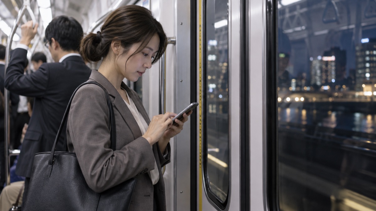帰りの電車で、スマホにメモを打ち込む女性会社員