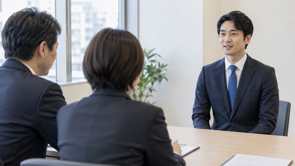 面接室で、机の向こうの面接官2人に向かって背筋を伸ばして自己紹介する30代の男性