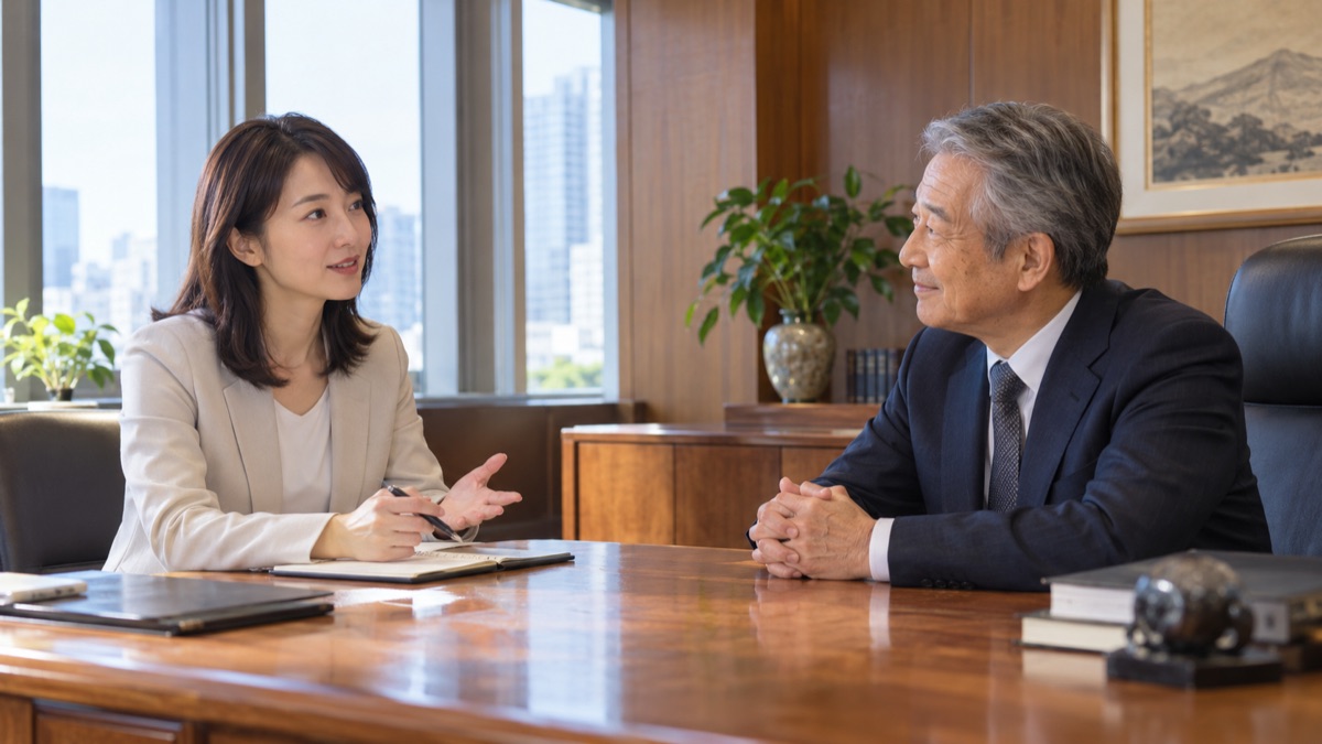 木目の家具が置かれた役員室で、年配の役員に穏やかに質問する30代の女性