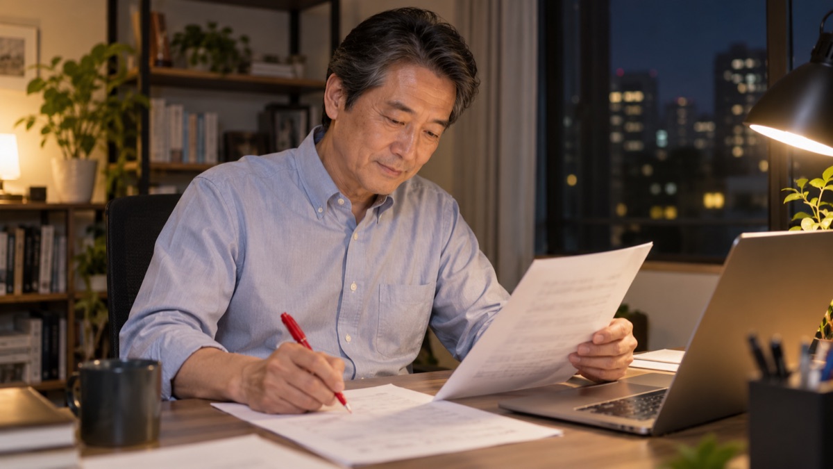 夜の自宅の書斎で、職務経歴書に赤ペンで書き込みながら言い回しを考える50代の男性