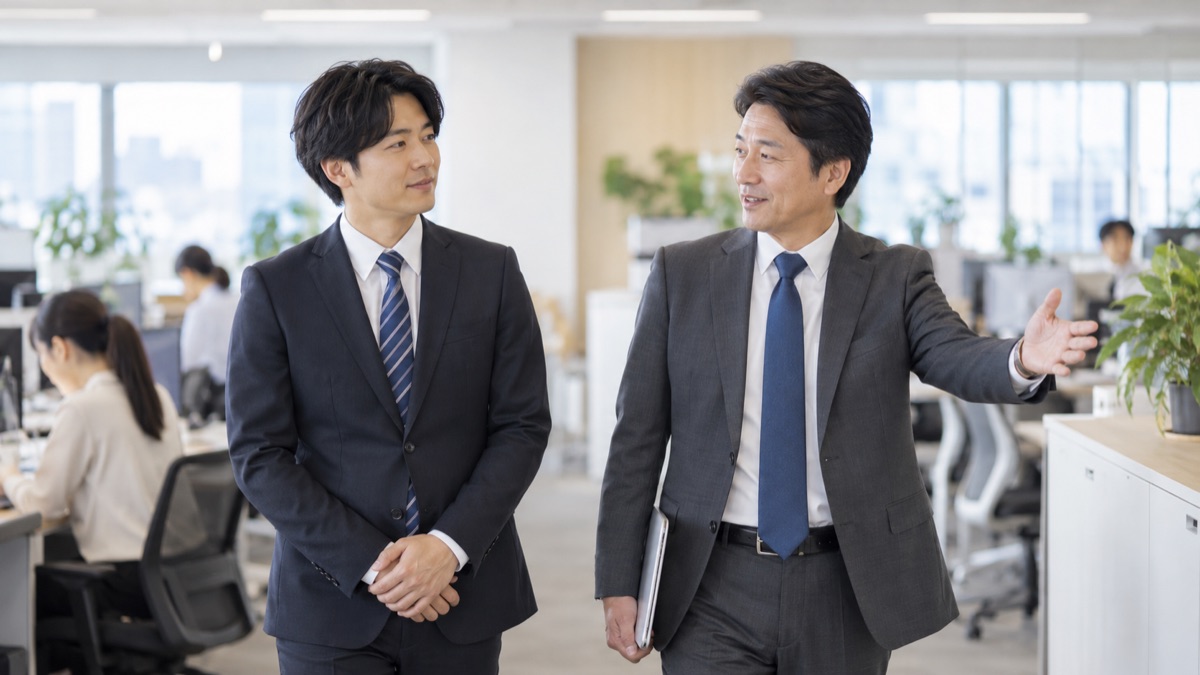 オフィスのフロアで、配属先の上司に職場を案内されながら話を聞く30代の男性