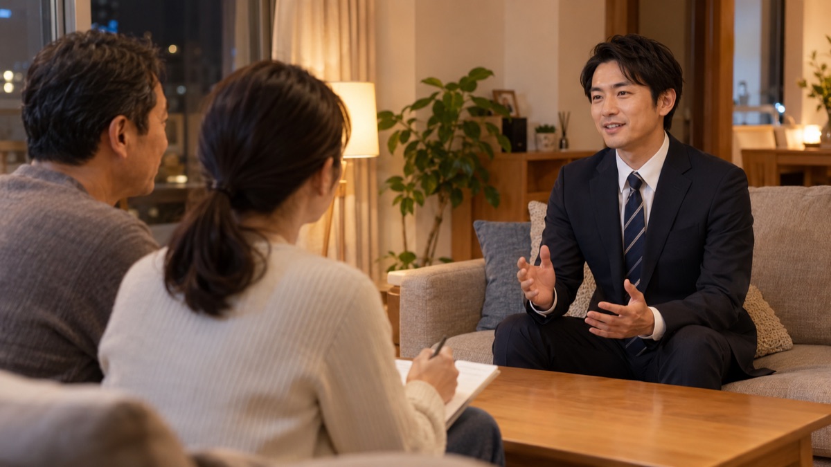 夜のリビングで、家族に面接官役を頼み向かい合って答えの練習をする30代の男性