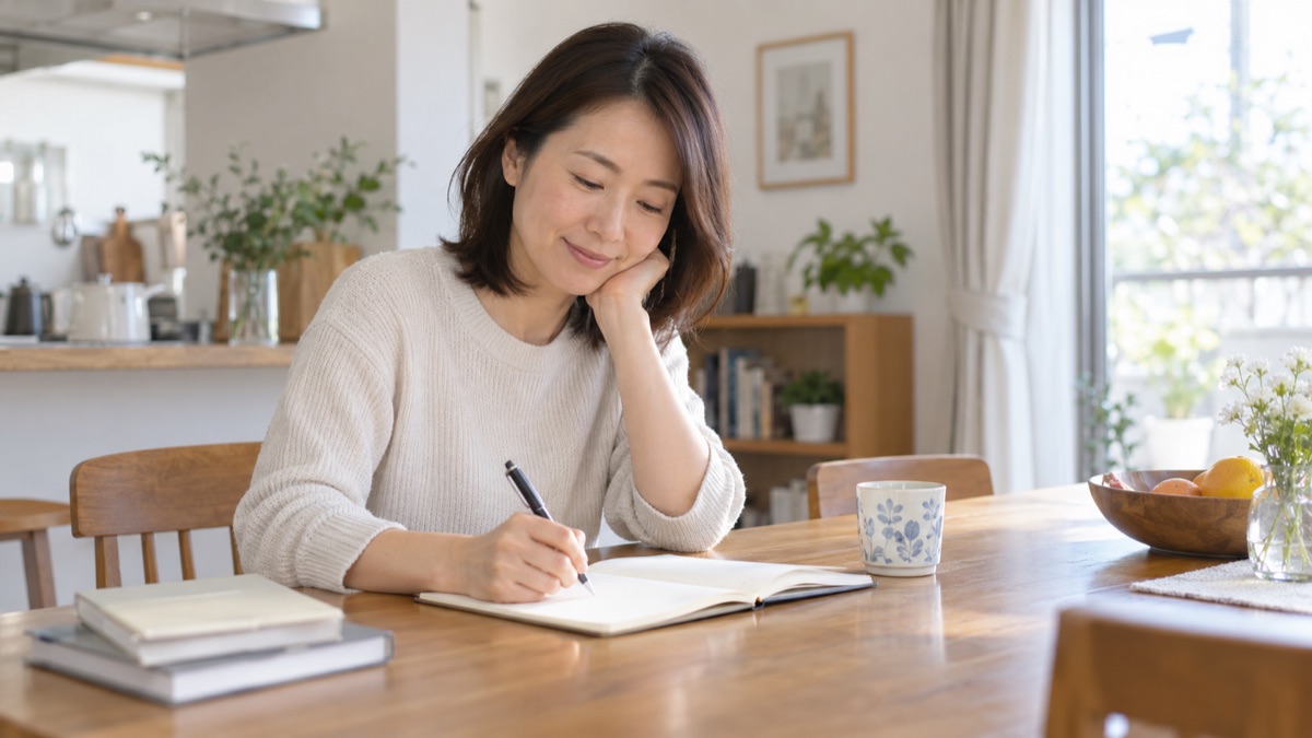 自宅のダイニングテーブルで、これまでの仕事を振り返りながらノートに短いメモを書く40代の女性