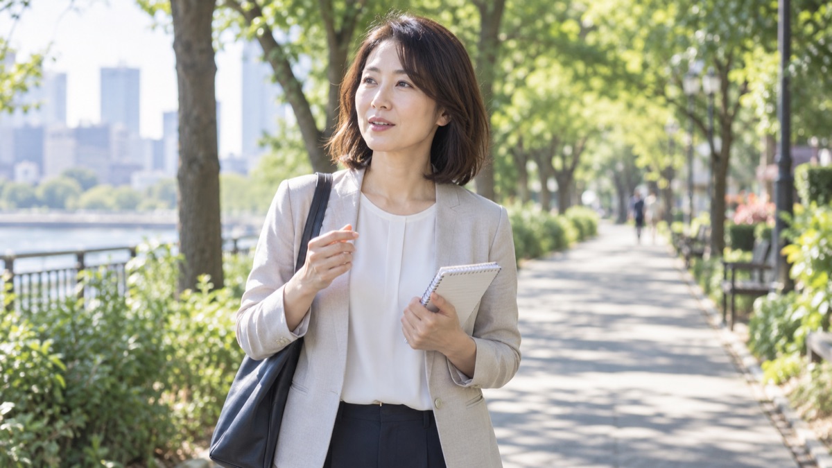 朝の公園の並木道を歩きながら、小声で自己紹介を確かめる40代の女性