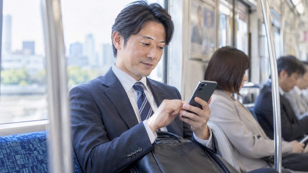 通勤電車の座席で、スマートフォンで応募先の会社のことを調べる40代の男性