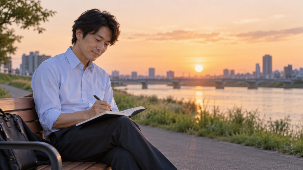 夕方の河川敷のベンチで、ノートを広げて次の仕事でやりたいことを書き出す30代の男性