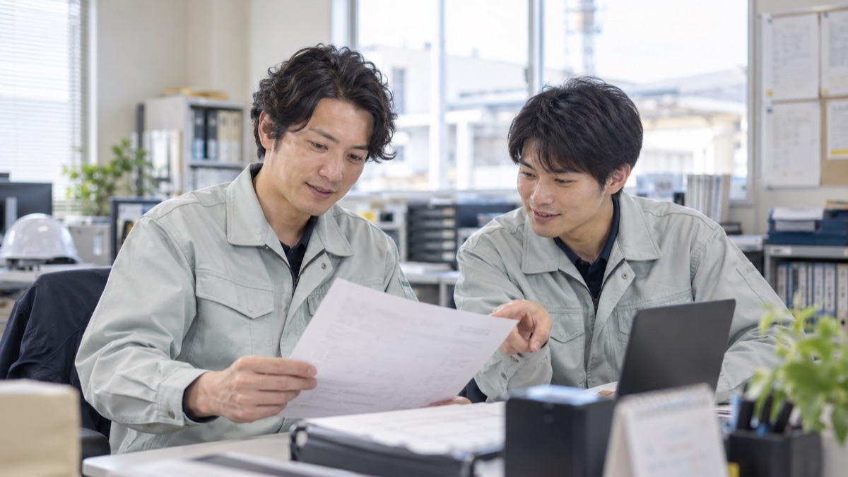 工場の事務所で、作業着の同僚2人が書類を見ながら打ち合わせをする様子