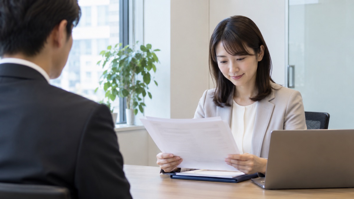 人事部の小さな会議室で、人事担当の女性が応募書類に目を通している様子