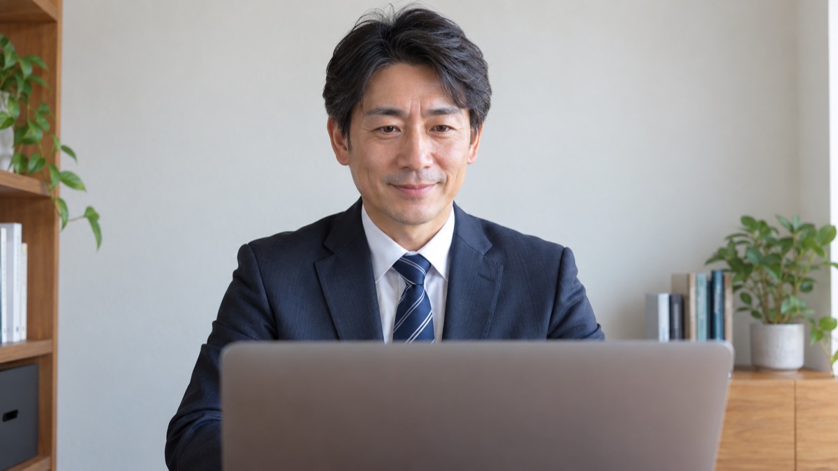 自宅の書斎で、無地の壁を背にノートパソコンのカメラを見てWeb面接を受ける40代の男性