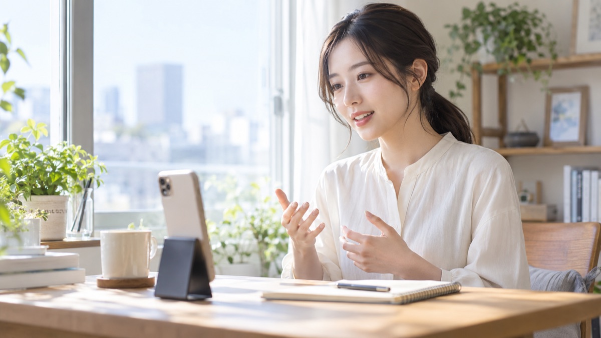 朝の窓辺の机で、立てたスマートフォンに向かって話す練習を録画する20代後半の女性