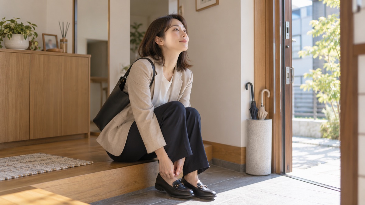 朝の自宅の玄関で、靴をはき終えてゆっくり息を吸う30代の女性