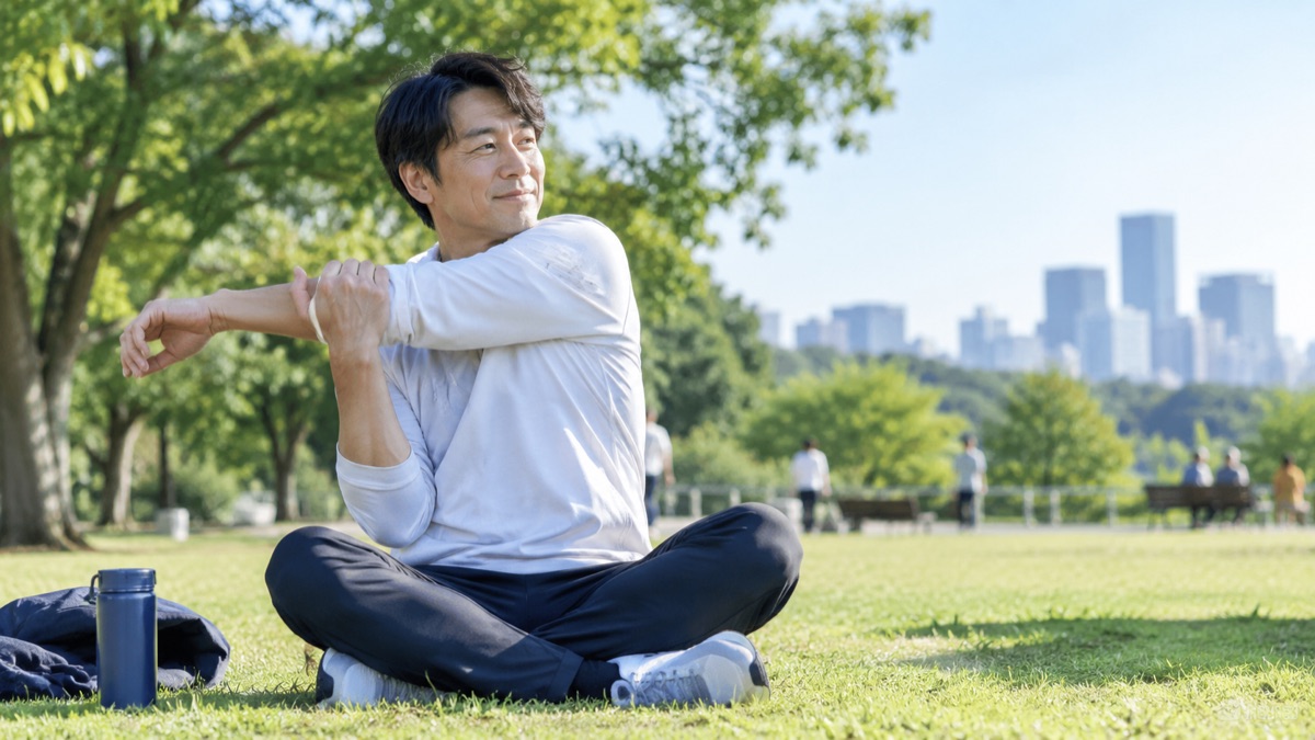 休日の公園の芝生で、腕を伸ばして体をほぐす40代の男性