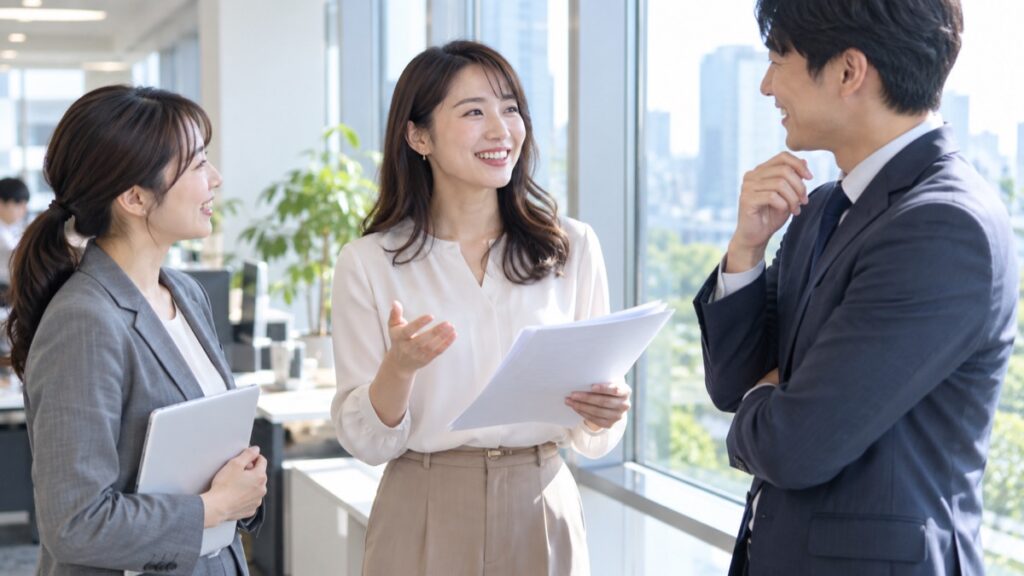 オフィスの窓際で資料を手に同僚2人へ笑顔で話しかける女性社員