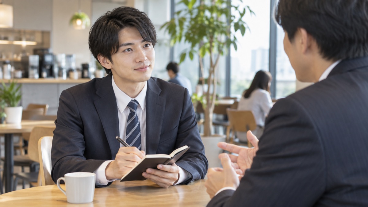 カフェスペースで先輩の話にうなずきながら手帳にメモを取る若手社員