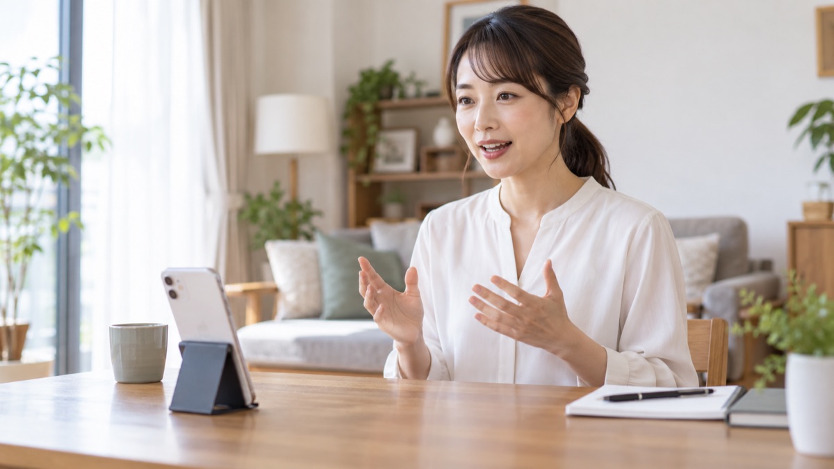 自宅のリビングでスマートフォンに向かって1分間の話を練習する女性
