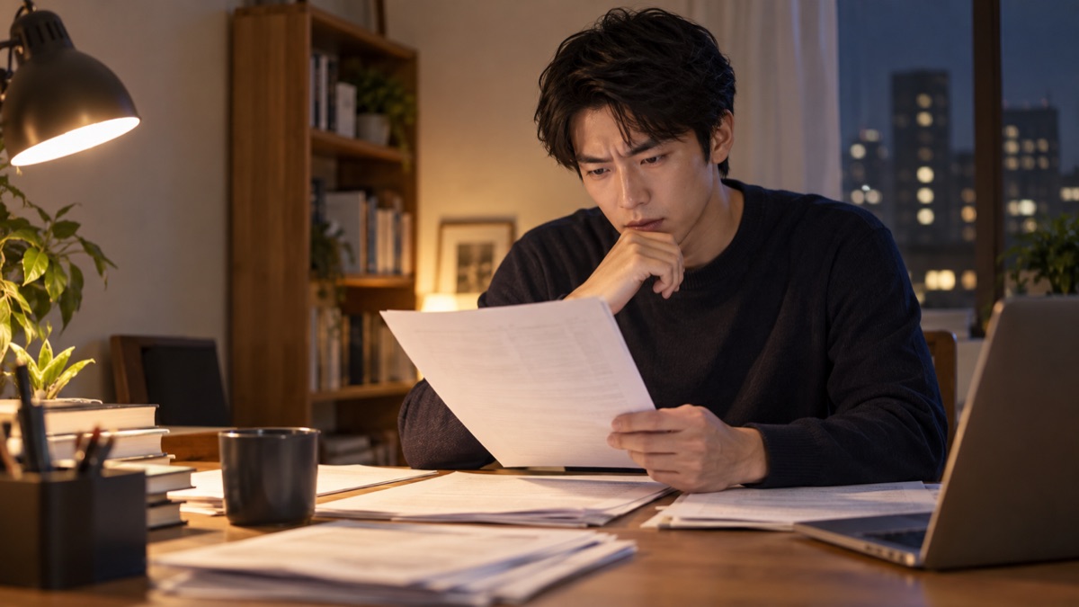 夜の自宅の机で原稿を何度も読み返す男性