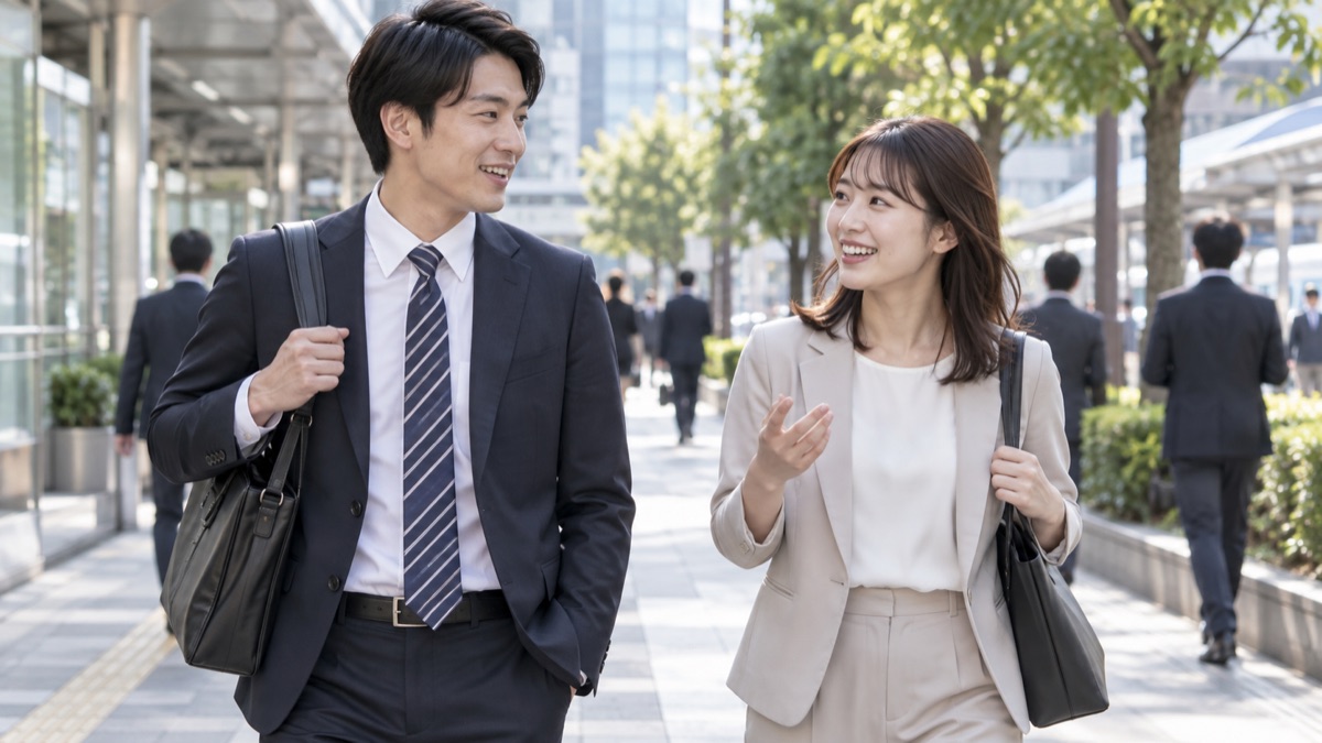 朝の歩道を並んで歩きながら話す男女の会社員