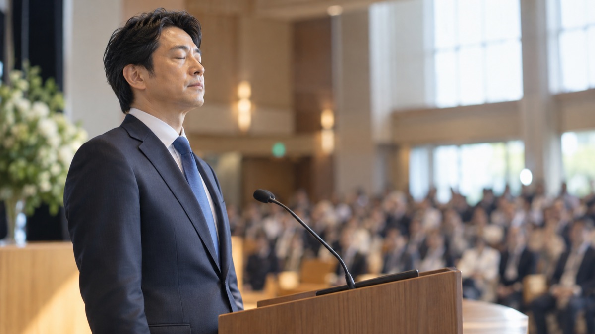 ホールの演台の横で話し始める前に静かに息を吐く男性