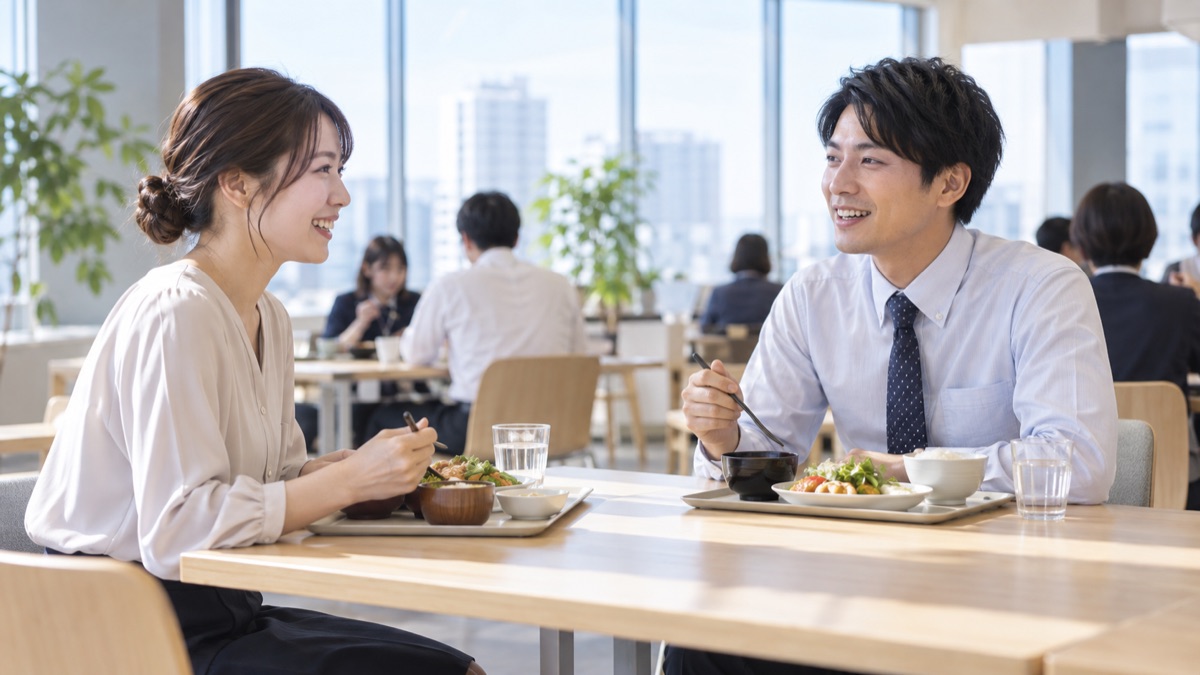 社員食堂で向かい合って昼食をとりながら和やかに話す男女の社員
