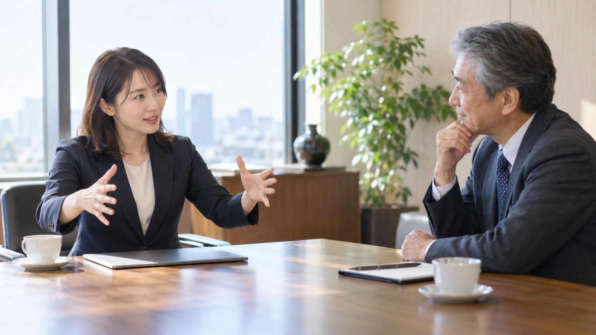 取引先の応接室で身振りを交えて説明する営業担当の女性