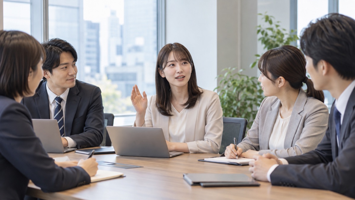 会議室で手を挙げて短く発言する若手の女性社員