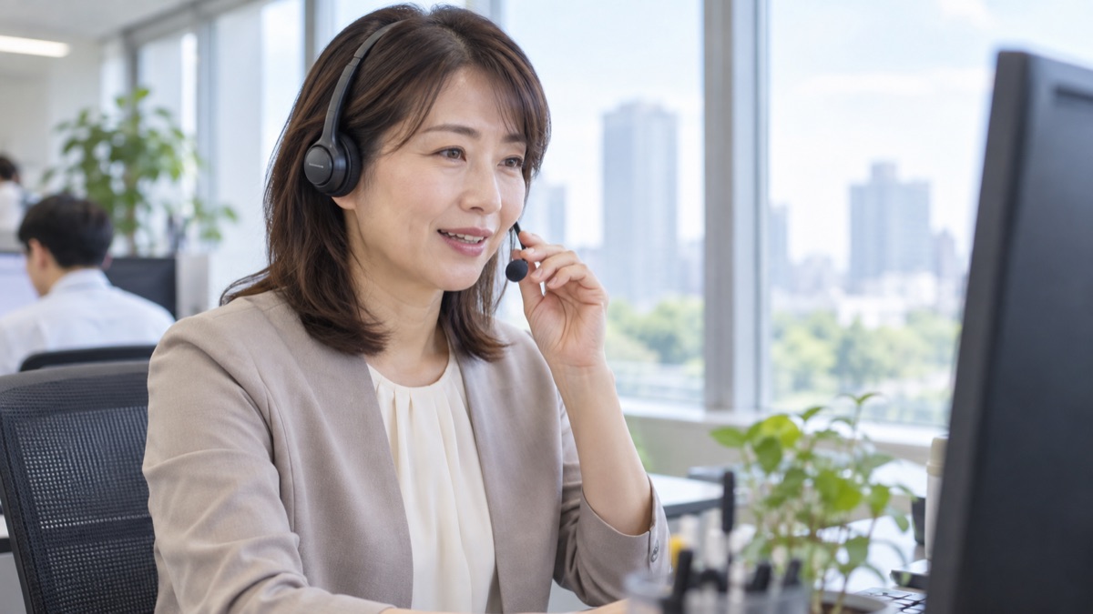 窓際の席でヘッドセットをつけ電話でゆっくり話す女性
