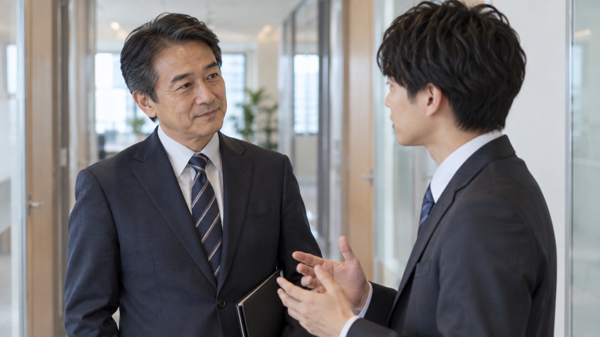 オフィスの廊下で後輩の話に目を見てうなずく上司