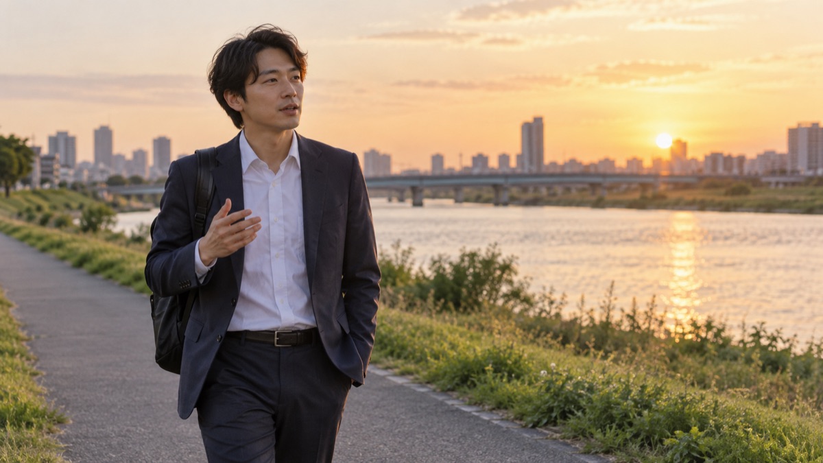 夕方の河川敷を歩きながら小声で話す練習をする男性