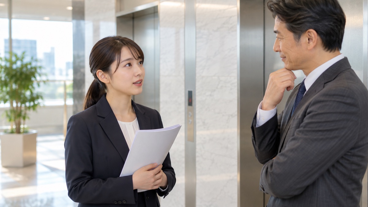 エレベーターホールで上司に短く報告する若手の女性社員
