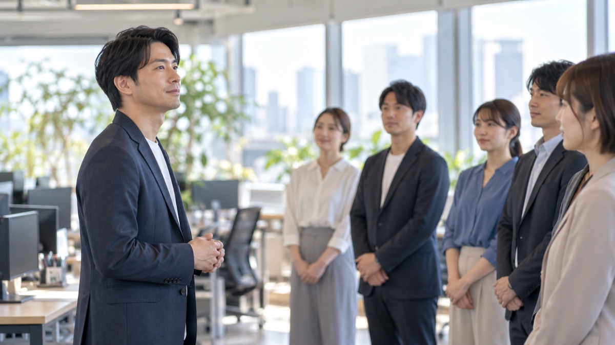 朝のオフィスでチームの前に立ち話し始める前に一呼吸おく男性