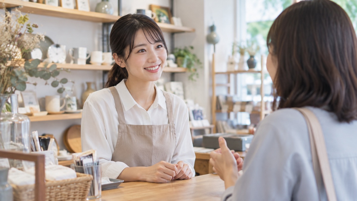 雑貨店のカウンター越しにお客様の話をうなずいて聞く女性販売員