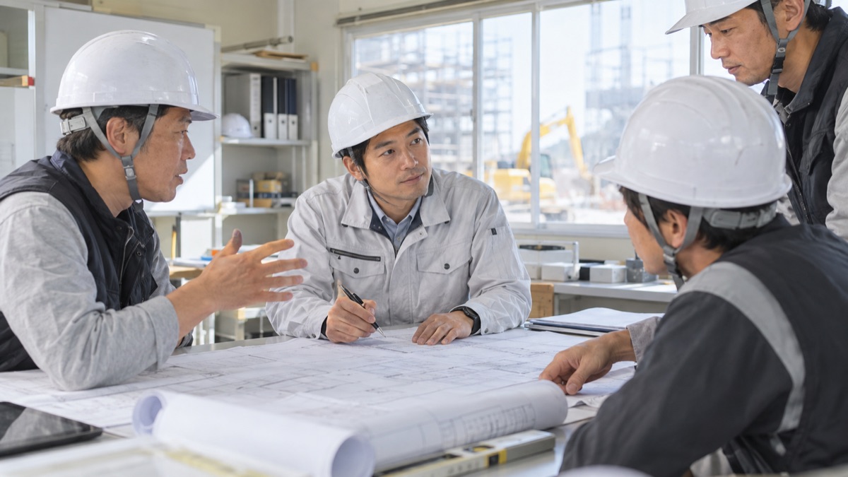 現場事務所で図面をはさみ職人の話に耳を傾ける現場監督
