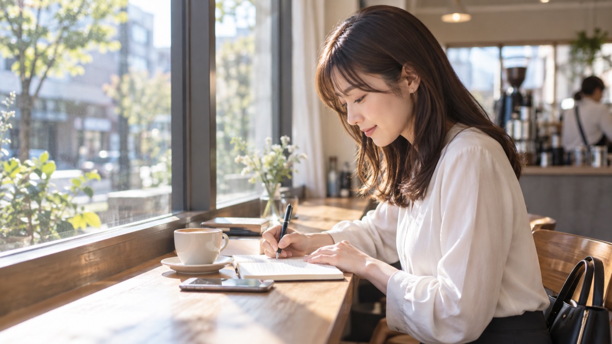 朝のカフェのカウンター席でノートに短い文章を書き出す女性