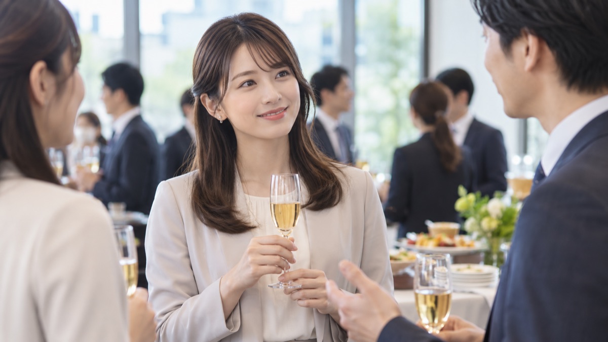 立食の懇親会でグラスを持ち同僚の話をほほえんで聞く女性