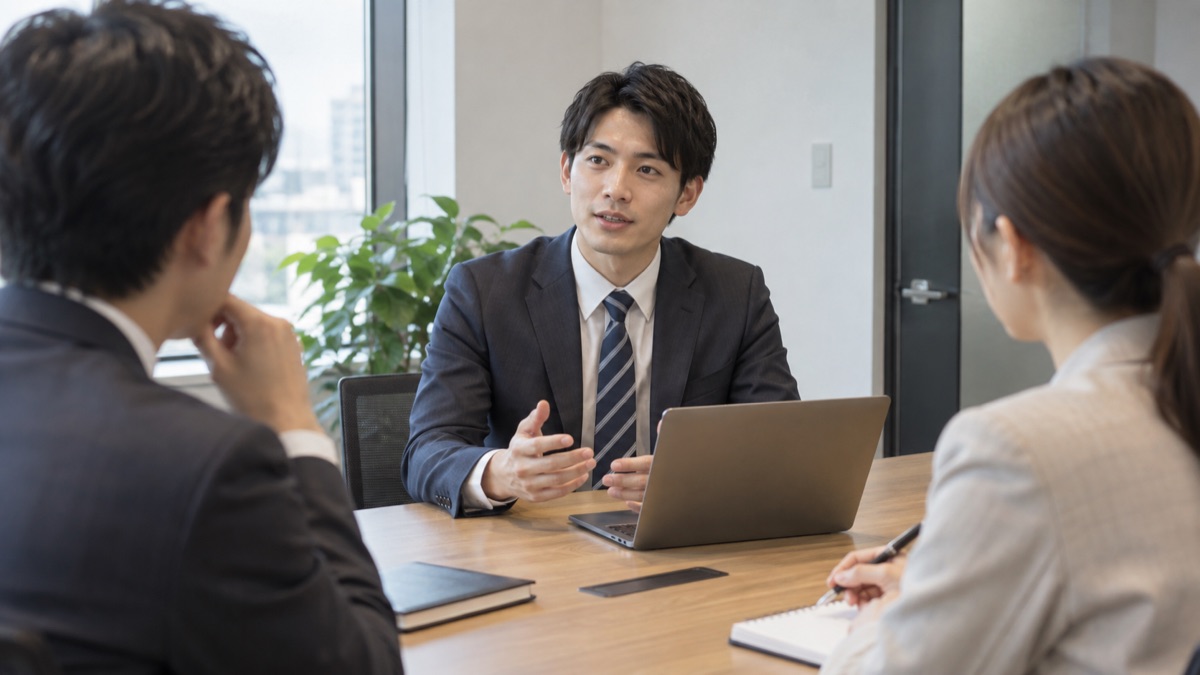 小さな会議室で同僚2人に落ち着いて報告する若手男性