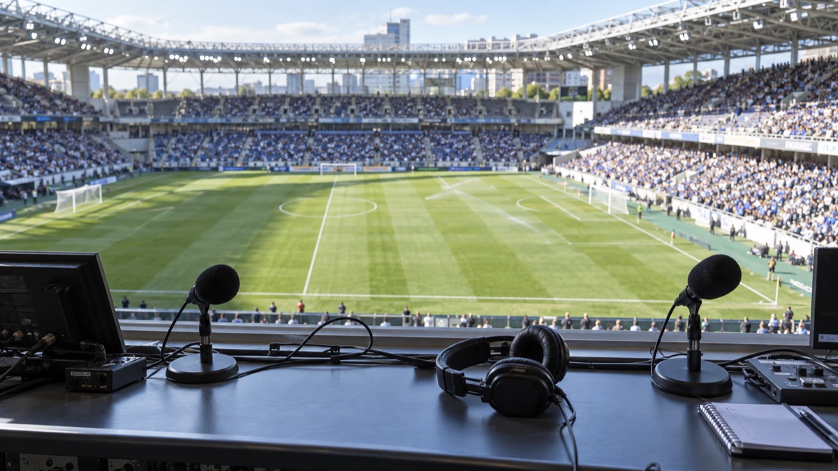 マイクとヘッドセットが置かれたサッカースタジアムの実況席