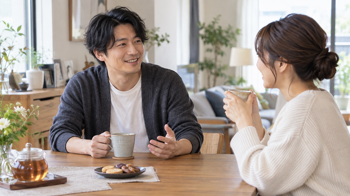 週末の自宅のダイニングでお茶を飲みながらくつろいで話す男性