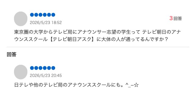 Yahoo!知恵袋の質問「東京圏の大学からテレビ局にアナウンサー志望の学生ってテレビ朝日のアナウンススクール【テレビ朝日アスク】に大体の人が通ってるんですか?」と、回答「日テレや他のテレビ局のアナウンススクールにも。」