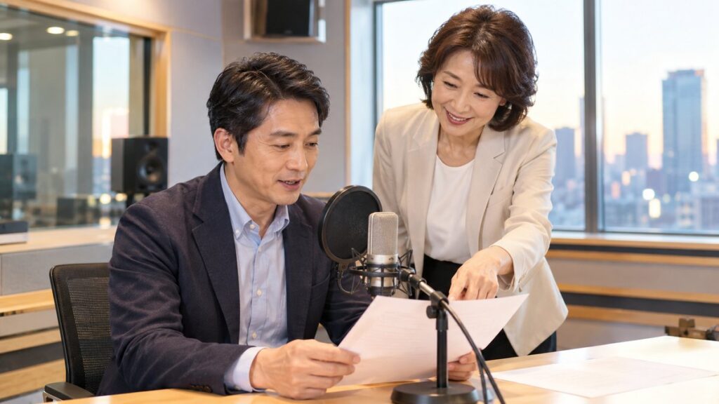 明るい練習室で、卓上マイクの前で原稿を読む40代の男性会社員に、横から女性講師が読み方を助言している