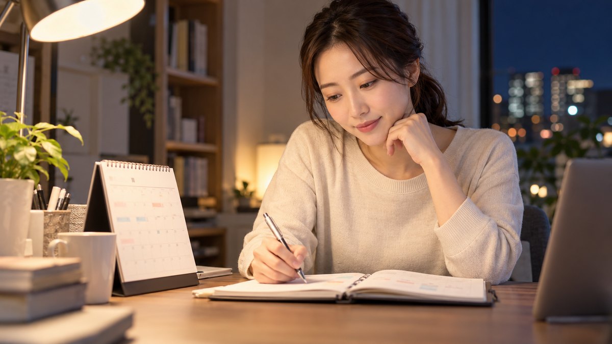 夜、自宅の書斎の机で、30代の女性会社員が卓上カレンダーと手帳を並べ、ペンで月ごとの予定を書き込みながら、習い事を始める時期を落ち着いて考えている近景。カレンダーと手帳の文字や数字は読めない