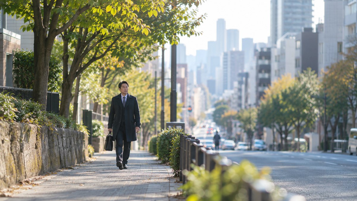平日の朝、都心の坂道沿いの歩道を、40代の男性会社員がコートを着てビジネスバッグを持ち、街路樹の下を前を向いて歩いている遠景。背景のビルはぼけていて、看板や店名の文字は見えない