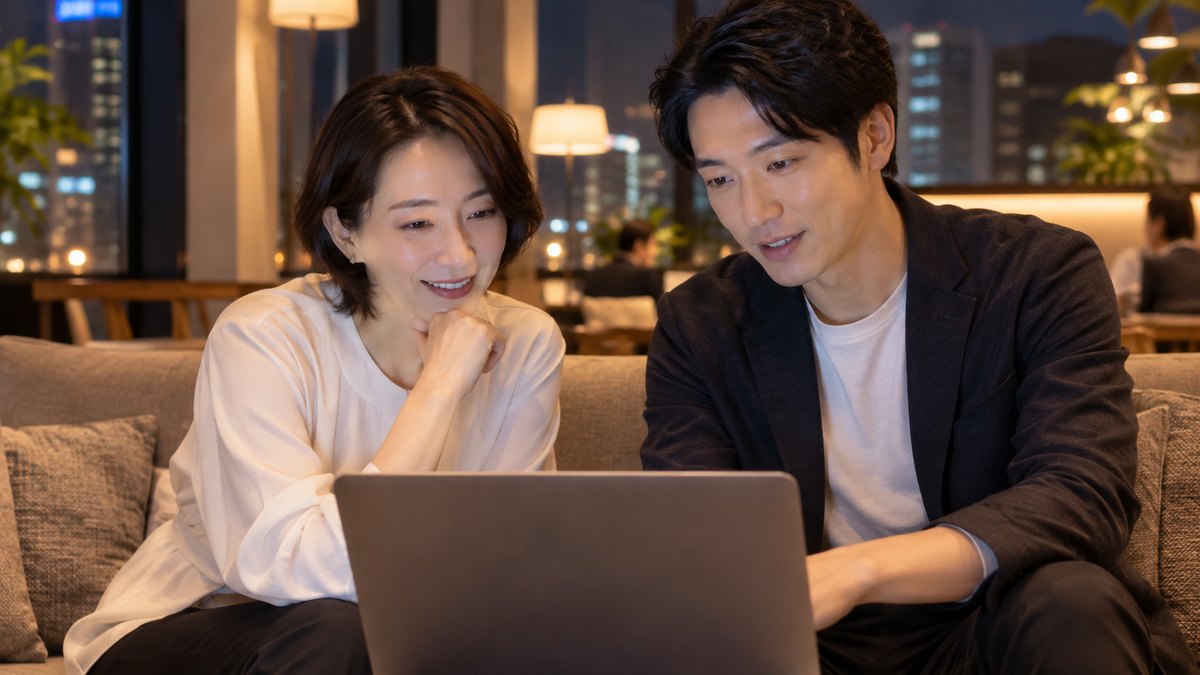 夜、シェアオフィスの落ち着いたラウンジで、40代の女性と30代の男性が並んでソファに座り、ノートパソコンをのぞき込みながら学校の評判について穏やかに話している近景。パソコンの画面は見えない角度