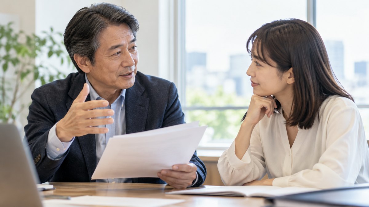 午後、明るい会議室で、50代の男性講師が身振りを交えながら、向かいに座る30代の女性に原稿の読み方を説明し、女性がうなずきながら聞いている近景。原稿の文字は読めない